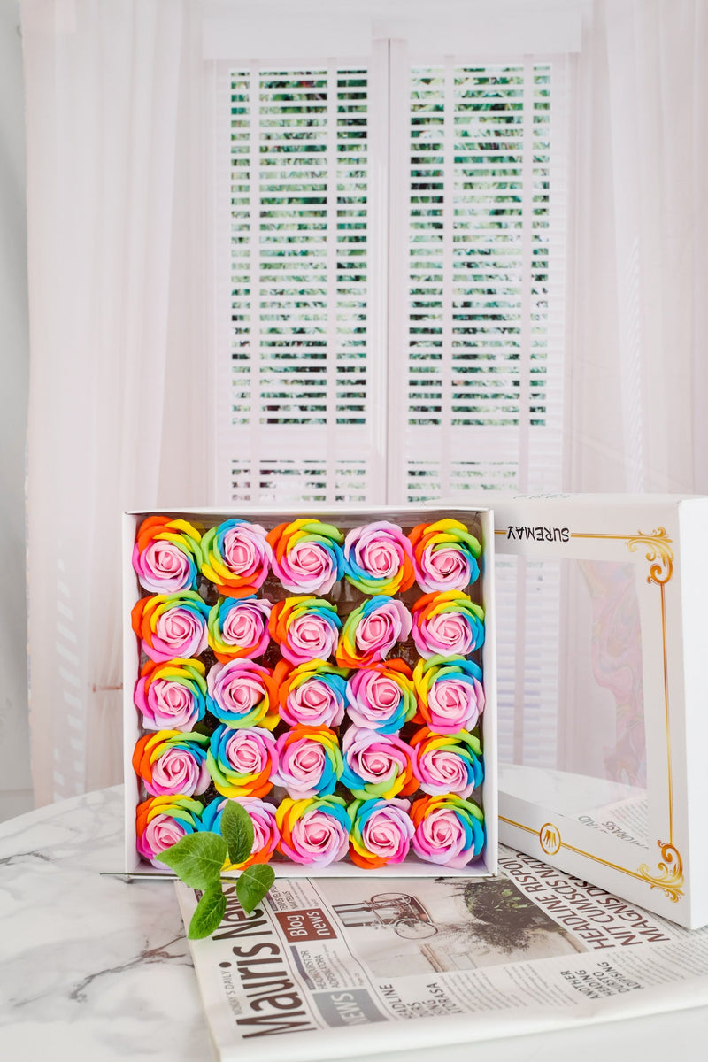 25 Pcs Rainbow Rose Soap Heads 2.7 Inch Bulk Artificial Flower Soap Heads with Detachable Stems
