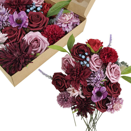 10 Pcs Burgundy Artificial Dahlia Flowers with Stems Bulk Wholesale Combo Set