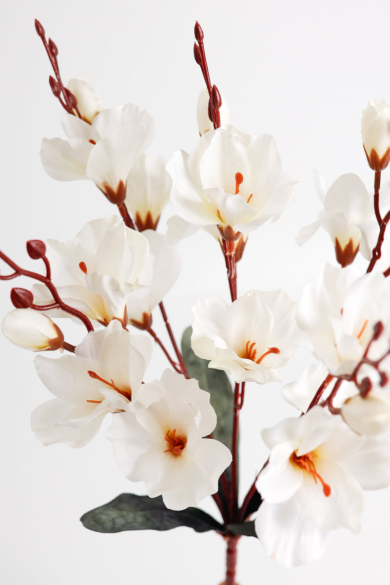 17 Inch Artificial Magnolia Bush Silk Flowers, 1 Stem, White, Bulk Arrangement Floral Decor