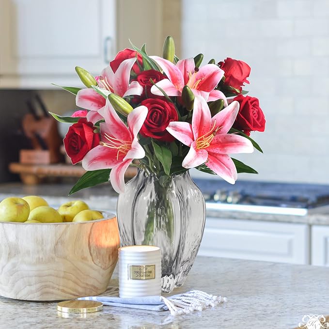 14 Inch Artificial Roses and Tiger Lilies Bouquet, 1 Pack Pre-Made Silk Flowers for Wedding Centerpieces, Home Decor, Party, Anniversary