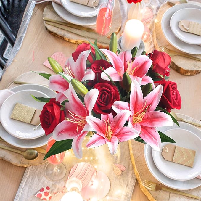 14 Inch Artificial Roses and Tiger Lilies Bouquet, 1 Pack Pre-Made Silk Flowers for Wedding Centerpieces, Home Decor, Party, Anniversary