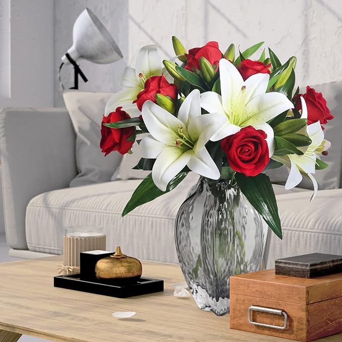 14 Inch Artificial Roses and Tiger Lilies Bouquet, 1 Pack Pre-Made Silk Flowers for Wedding Centerpieces, Home Decor, Party, Anniversary