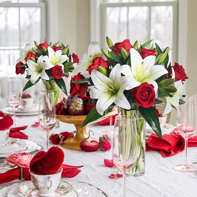 14 Inch Artificial Roses and Tiger Lilies Bouquet, 1 Pack Pre-Made Silk Flowers for Wedding Centerpieces, Home Decor, Party, Anniversary