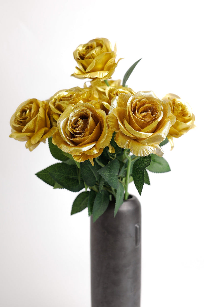 10 Pcs Artificial Silk Golden Rose Stems – 12 Inch Decorative Flowers