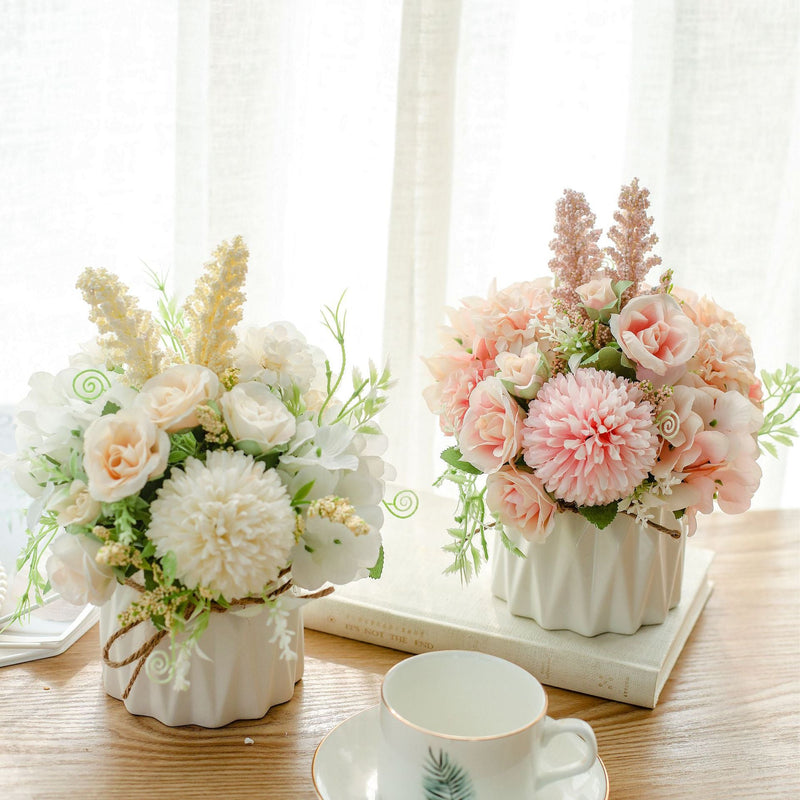 7 Inch Artificial Silk Flowers Bouquet 7 Stems Peony Hydrangea Chrysanthemum Ball Arrangement in Vase
