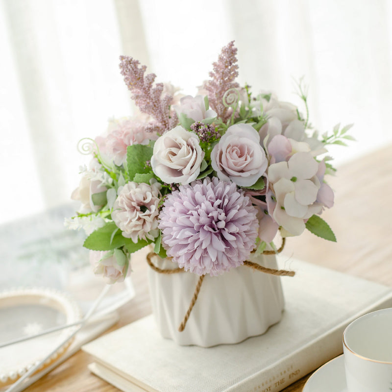 7 Inch Artificial Silk Flowers Bouquet 7 Stems Peony Hydrangea Chrysanthemum Ball Arrangement in Vase