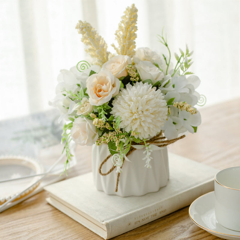 7 Inch Artificial Silk Flowers Bouquet 7 Stems Peony Hydrangea Chrysanthemum Ball Arrangement in Vase