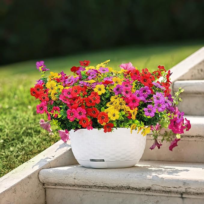 10 Pcs Artificial Silk Flower Bushes 2 Stems Each UV Resistant Outdoor Plants Multicolor