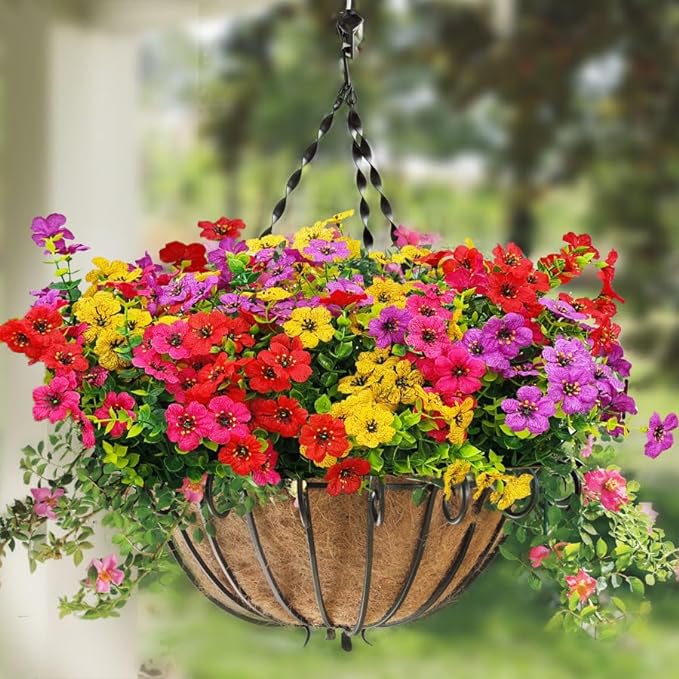 10 Pcs Artificial Silk Flower Bushes 2 Stems Each UV Resistant Outdoor Plants Multicolor