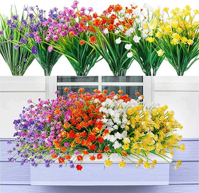 8 Bundles Artificial UV Resistant Plastic Flowers for Outdoors Garden Wedding Farmhouse Decor