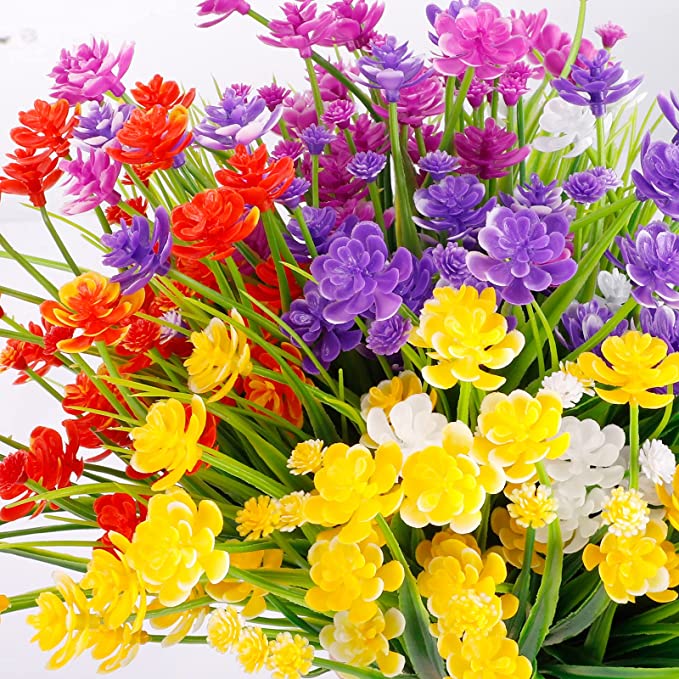 8 Bundles Artificial UV Resistant Plastic Flowers for Outdoors Garden Wedding Farmhouse Decor