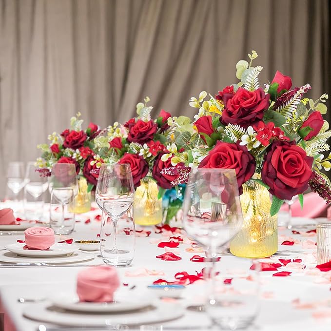 Artificial Rose Flowers 12 Inch 10 Pcs Silk Bulk Bouquet with LED Lights Vase Floral Arrangement for Wedding Anniversary Party Centerpiece