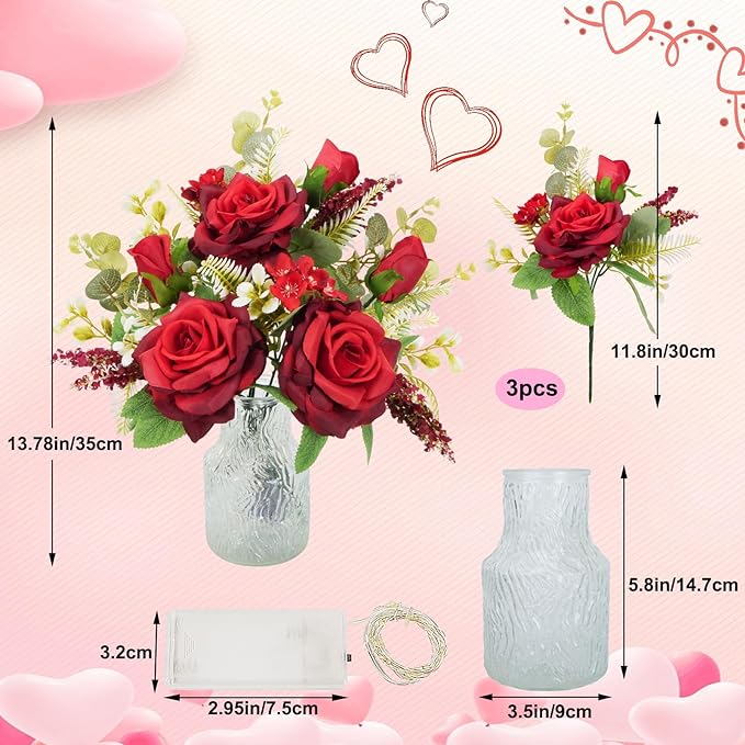Artificial Rose Flowers 12 Inch 10 Pcs Silk Bulk Bouquet with LED Lights Vase Floral Arrangement for Wedding Anniversary Party Centerpiece