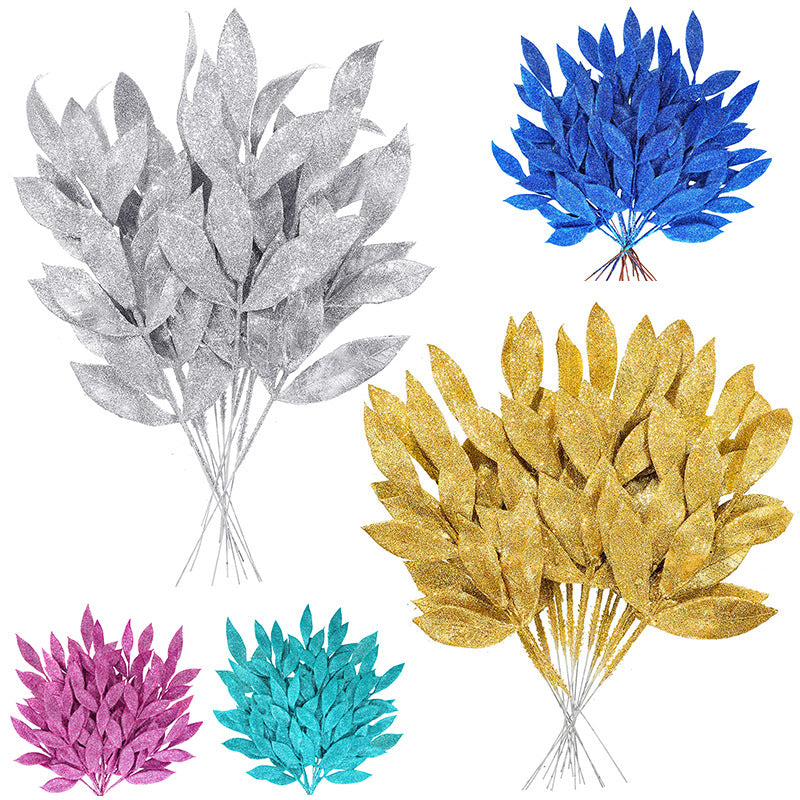 Glittered Artificial Leaf Spray Picks 12 Inch 10 Pcs Bulk for Christmas Winter Wedding Floral Arrangements