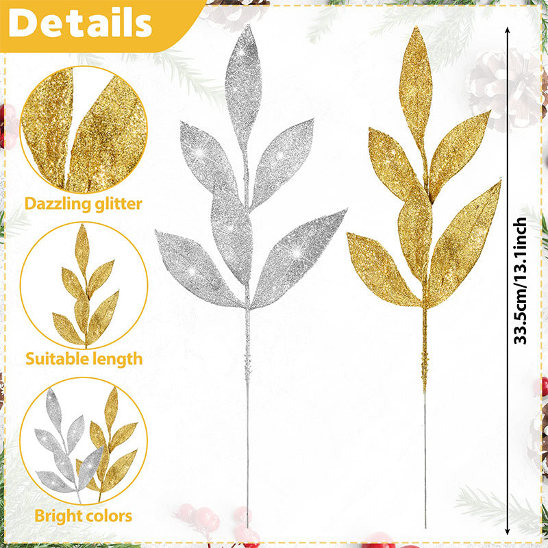 Glittered Artificial Leaf Spray Picks 12 Inch 10 Pcs Bulk for Christmas Winter Wedding Floral Arrangements