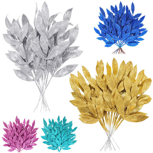 Glittered Artificial Leaf Spray Picks 12 Inch 10 Pcs Bulk for Christmas Winter Wedding Floral Arrangements