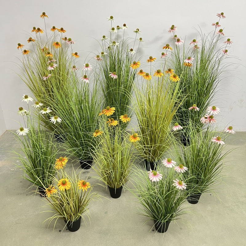 5 Pack Artificial Echinacea Grass Potted Plants, 9 Stems, Lifelike Silk Flowers