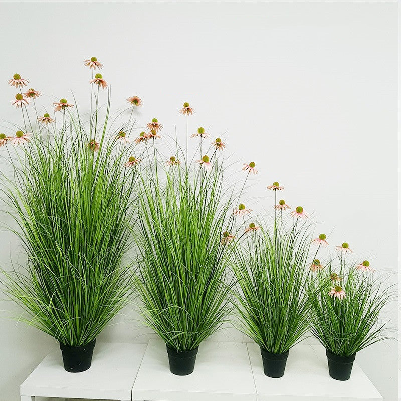 5 Pack Artificial Echinacea Grass Potted Plants, 9 Stems, Lifelike Silk Flowers