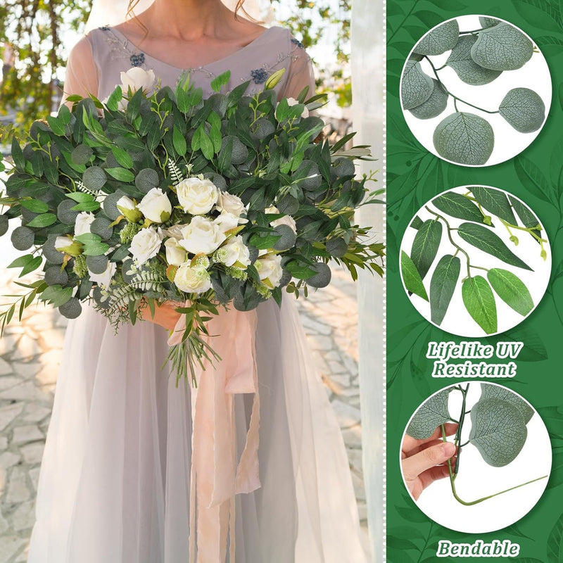 Artificial Greenery Stems 20 Pcs Silk Green Leaves Branches for DIY Wedding Arch Bouquet Vase Filler Table Centerpieces