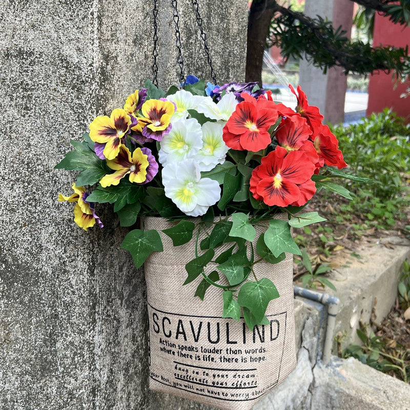 Artificial Outdoor Hanging Ivy and Pansy Flowers with Basket, Pre-Assembled, Bulk Set