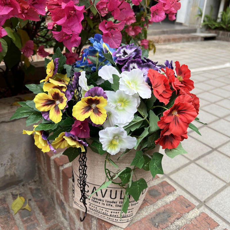 Artificial Outdoor Hanging Ivy and Pansy Flowers with Basket, Pre-Assembled, Bulk Set
