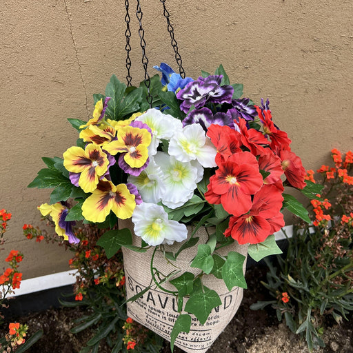 Artificial Outdoor Hanging Ivy and Pansy Flowers with Basket, Pre-Assembled, Bulk Set