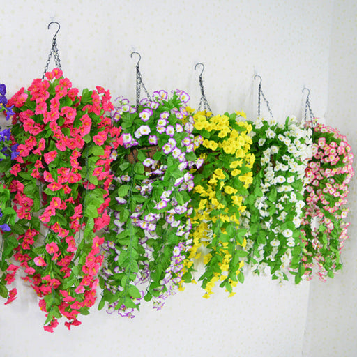 Artificial Morning Glory Flowers Hanging Basket Set, Bulk Wholesale, Assembled, Silk, Multi-Color