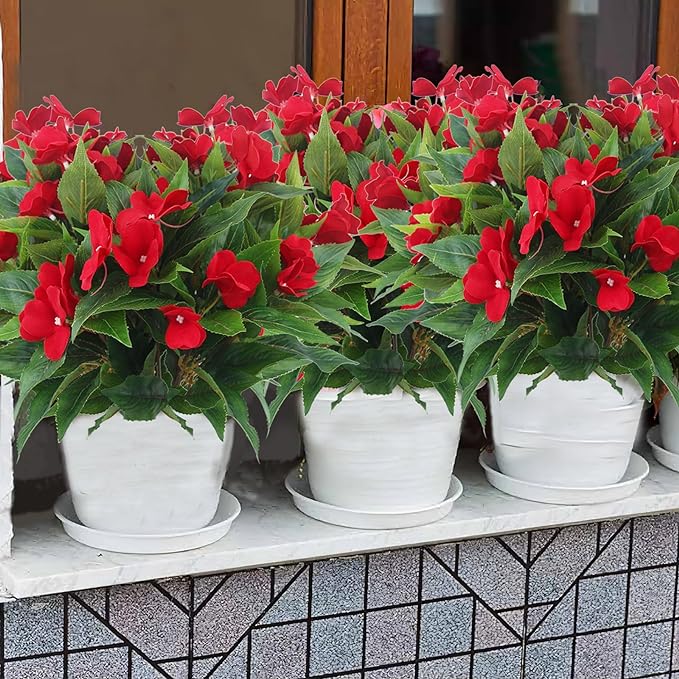 10 Pcs Artificial Impatiens Bushes UV Resistant Outdoor Silk Flowers