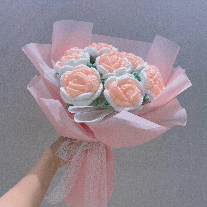 11 Inch Knitted Rose Bouquet 10 Pcs Handmade Crochet Wedding Flowers Bulk Wholesale