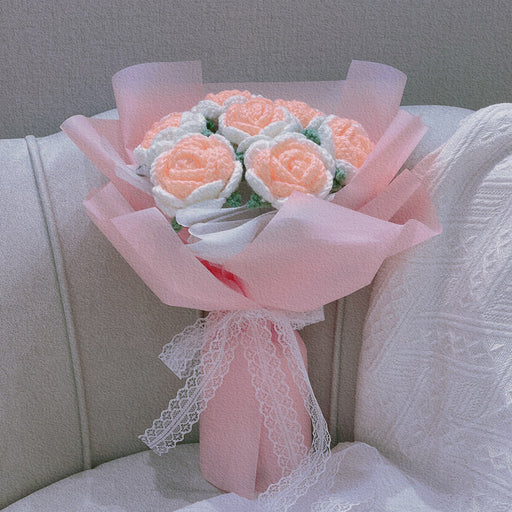 11 Inch Knitted Rose Bouquet 10 Pcs Handmade Crochet Wedding Flowers Bulk Wholesale
