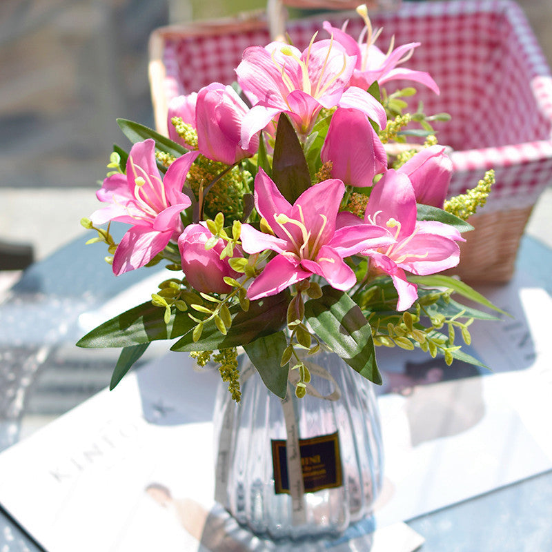 15 Inch Artificial Lily and Tulip Mixed Bush Bouquet, 1 Piece, Silk Flowers for Wedding and Home Decor