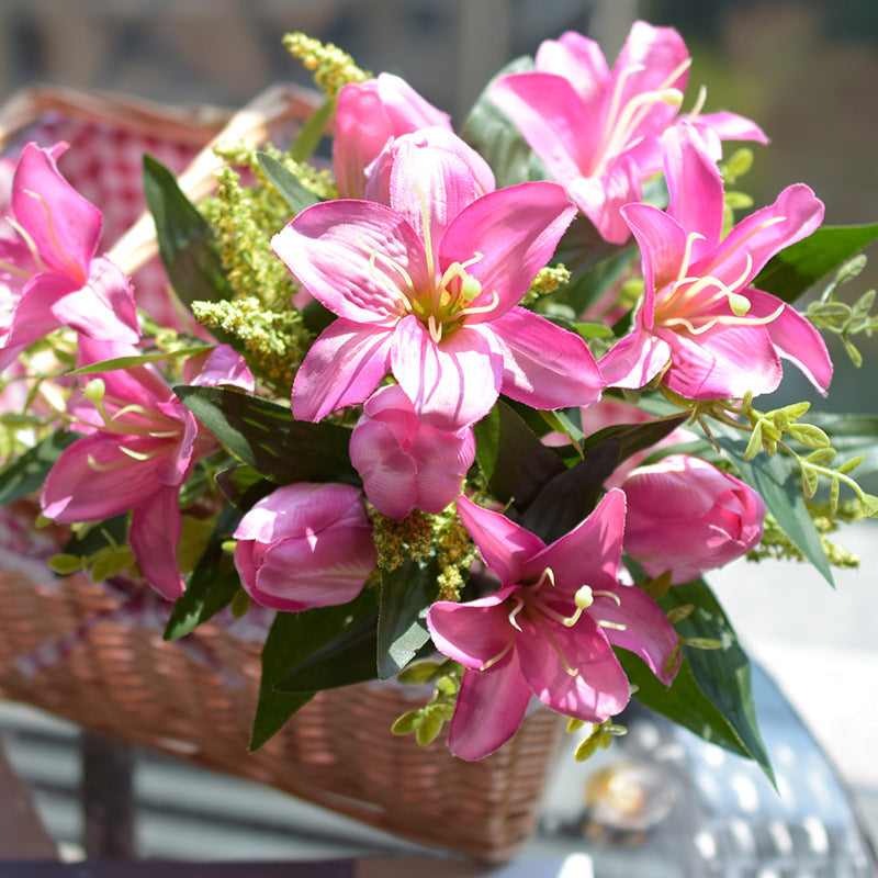 15 Inch Artificial Lily and Tulip Mixed Bush Bouquet, 1 Piece, Silk Flowers for Wedding and Home Decor