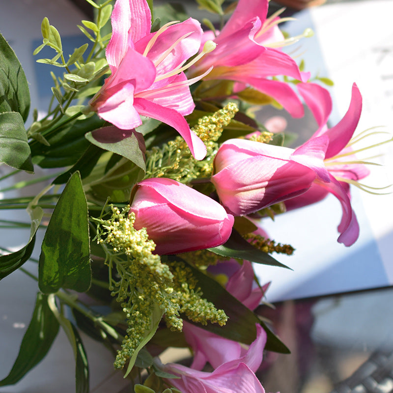 15 Inch Artificial Lily and Tulip Mixed Bush Bouquet, 1 Piece, Silk Flowers for Wedding and Home Decor