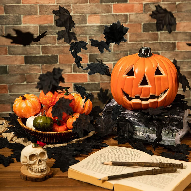 500 Pcs Black Artificial Maple Leaves for Halloween Decorations, Centerpieces, Cake Presentation