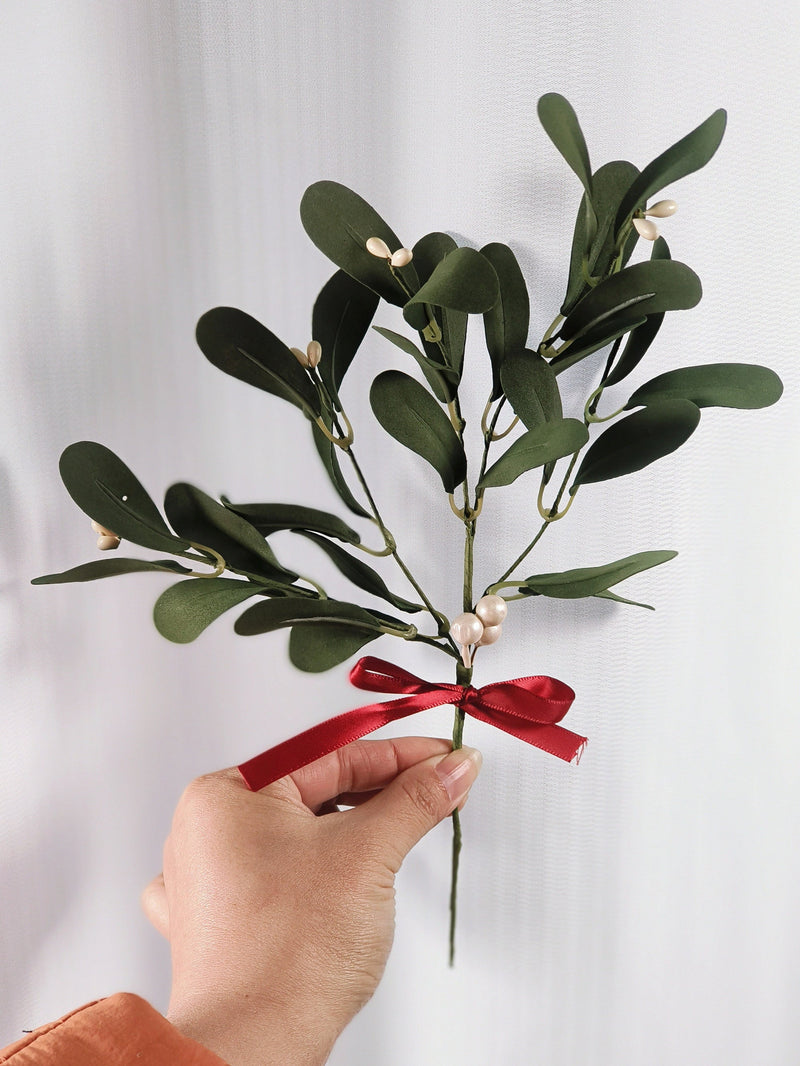 11.8 Inch Artificial Mistletoe Pick with Red Bow, Christmas Stems, Bulk Quantity