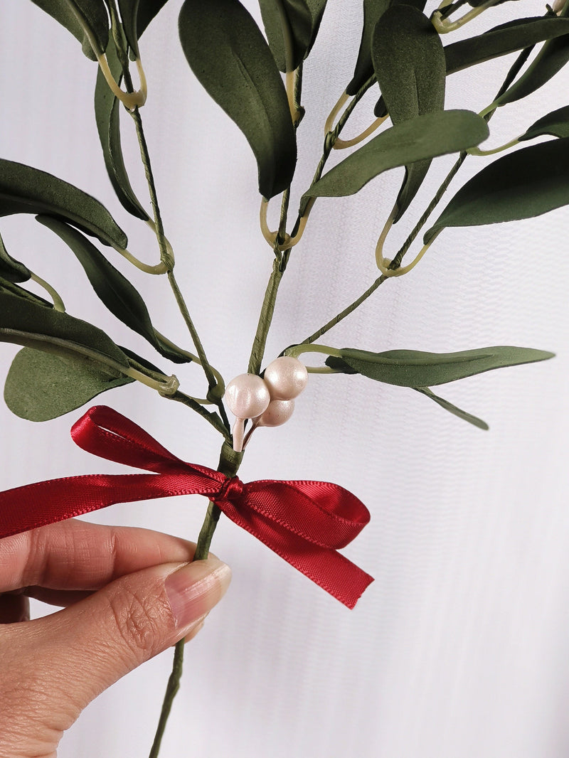 11.8 Inch Artificial Mistletoe Pick with Red Bow, Christmas Stems, Bulk Quantity