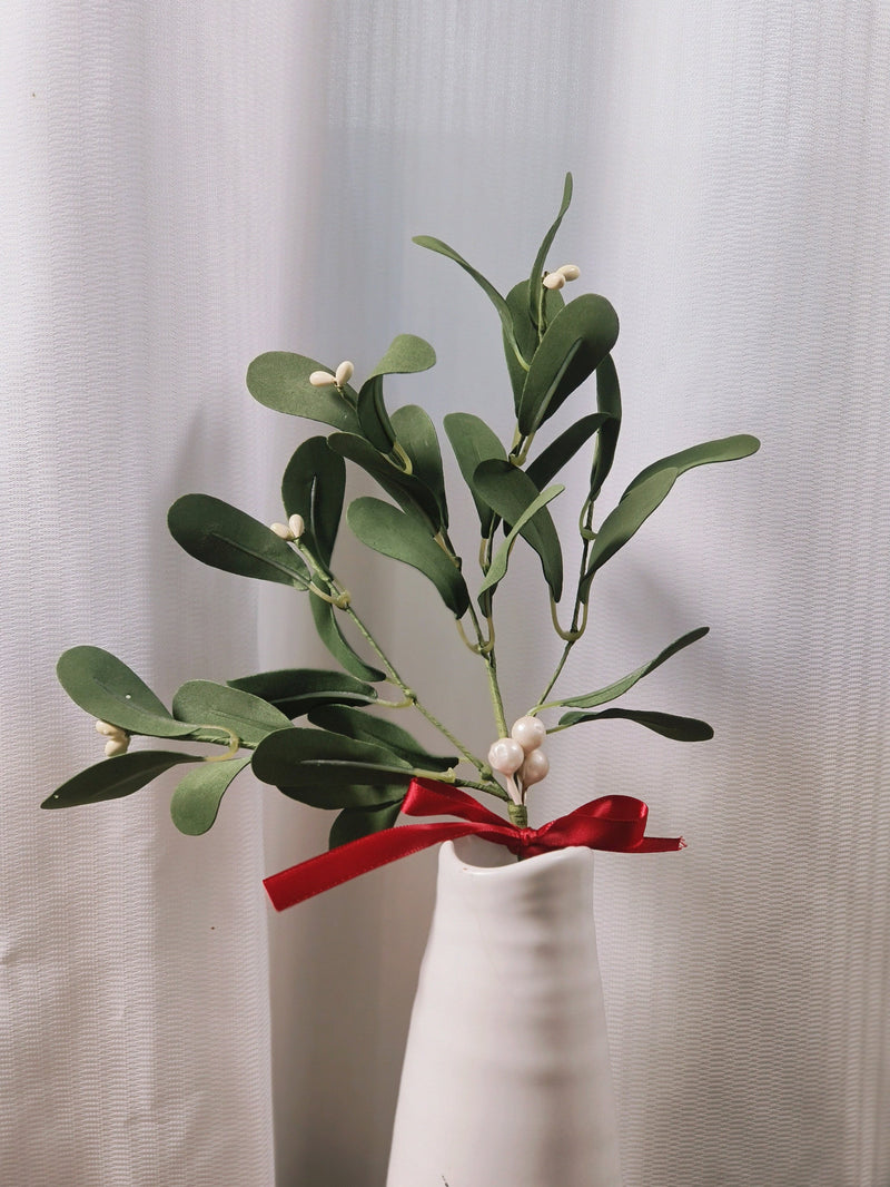 11.8 Inch Artificial Mistletoe Pick with Red Bow, Christmas Stems, Bulk Quantity