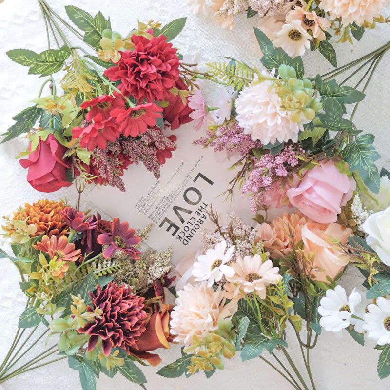 13 Inch Artificial Mixed Flower Bush Bouquet 10 Pcs Roses Chrysanthemums Autumn Home Wedding Decor