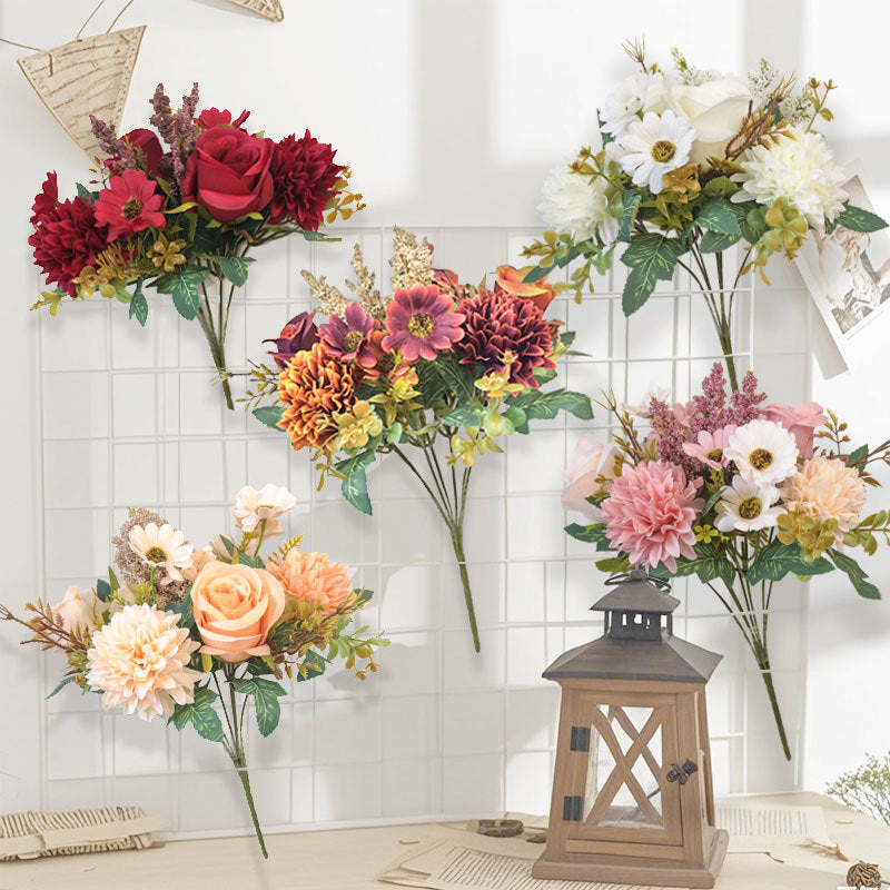 13 Inch Artificial Mixed Flower Bush Bouquet 10 Pcs Roses Chrysanthemums Autumn Home Wedding Decor