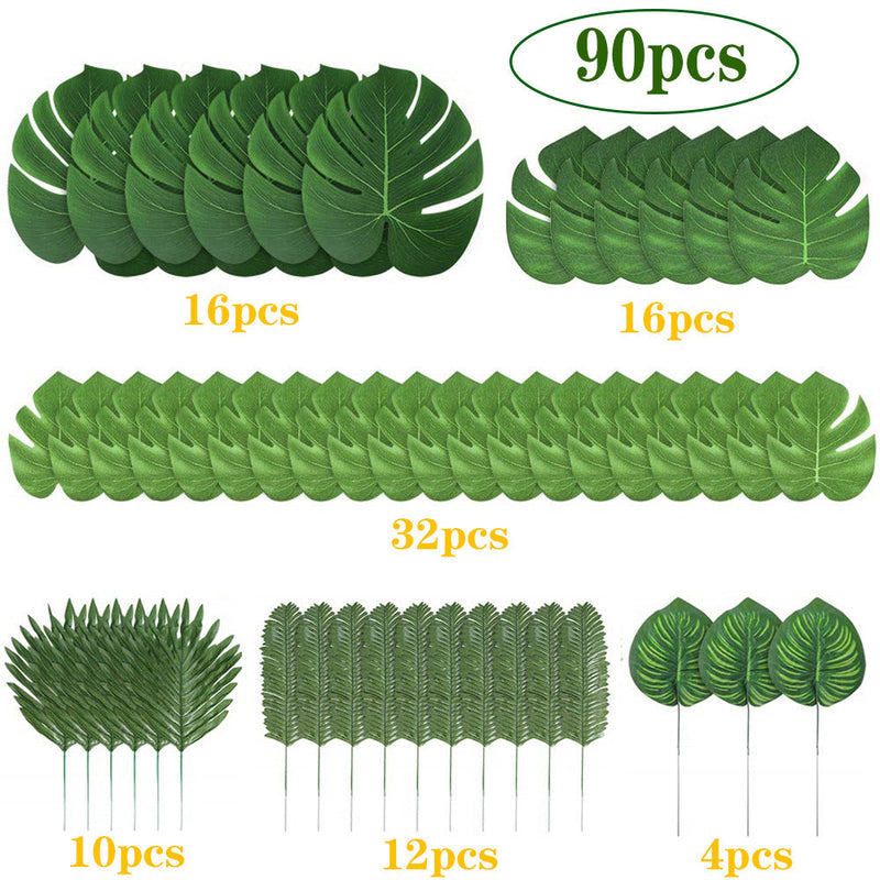 90 Pcs Artificial Palm Monstera Leaves Bulk Pack for Party DIY Decorations