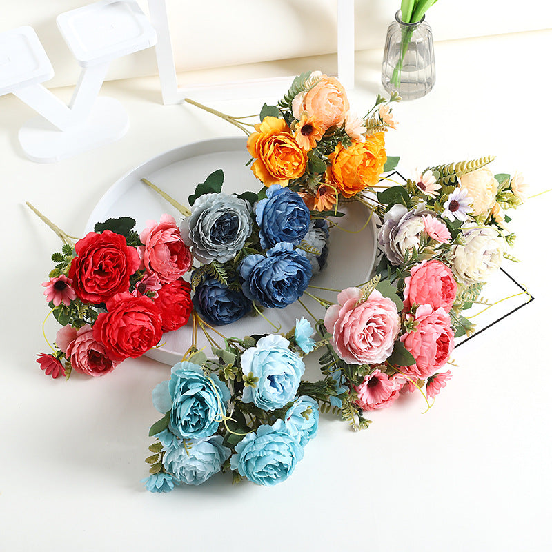 11.8 Inch Artificial Peony and Daisy Bush Bouquet, Mixed Flowers, Small Table Arrangement, 1 Piece, Silk Flowers for Home Decor and Wedding DIY