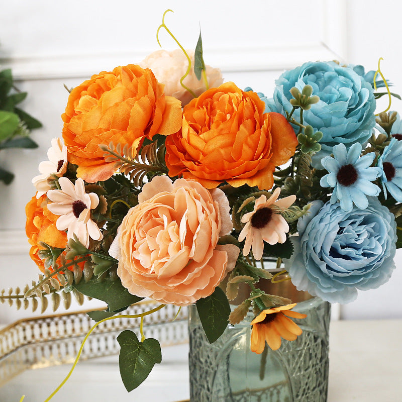 11.8 Inch Artificial Peony and Daisy Bush Bouquet, Mixed Flowers, Small Table Arrangement, 1 Piece, Silk Flowers for Home Decor and Wedding DIY