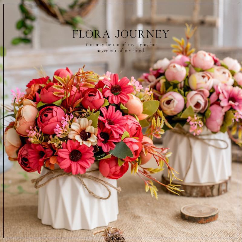 6 Inch Artificial Peony and Daisy Flower Bouquet in Vase, 1 Pot, Silk Flowers