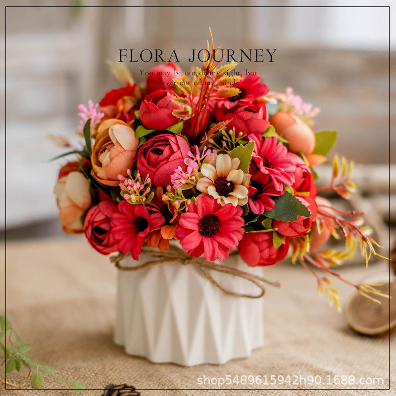 6 Inch Artificial Peony and Daisy Flower Bouquet in Vase, 1 Pot, Silk Flowers