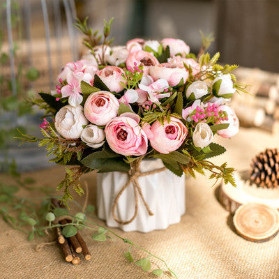 6 Inch Artificial Peony and Daisy Flower Bouquet in Vase, 1 Pot, Silk Flowers