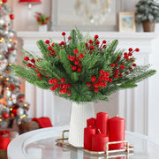 60 Pcs Artificial Pine Greenery Branches with Red Holly Berries Christmas Stems