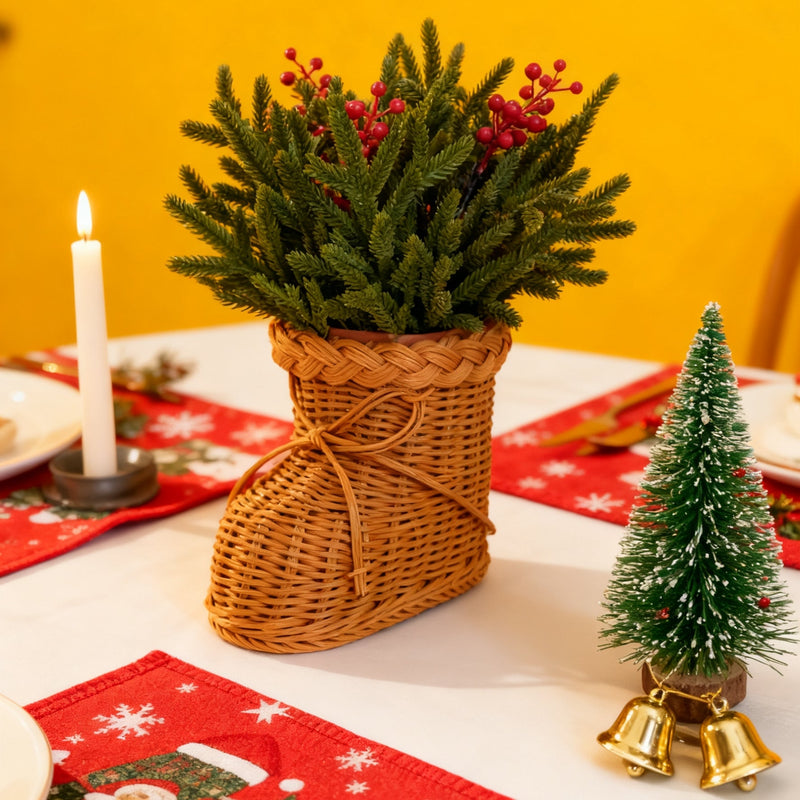 16 Inch Artificial Norfolk Pine Stems with Red Berries in Woven Rattan Footed Vase Christmas Decor Bulk Set