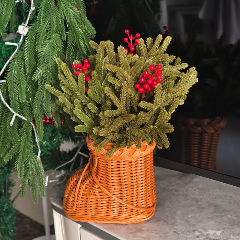 16 Inch Artificial Norfolk Pine Stems with Red Berries in Woven Rattan Footed Vase Christmas Decor Bulk Set