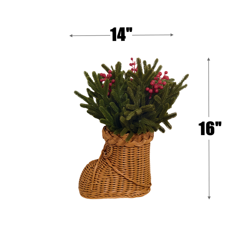 16 Inch Artificial Norfolk Pine Stems with Red Berries in Woven Rattan Footed Vase Christmas Decor Bulk Set