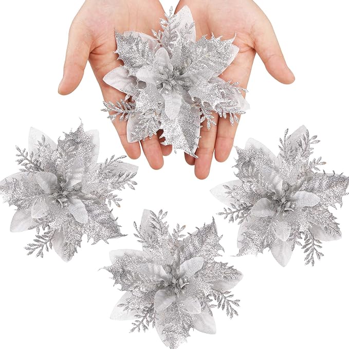 14 Colors 6 Inch Glitter Poinsettia Artificial Christmas Flowers Bulk Wholesale